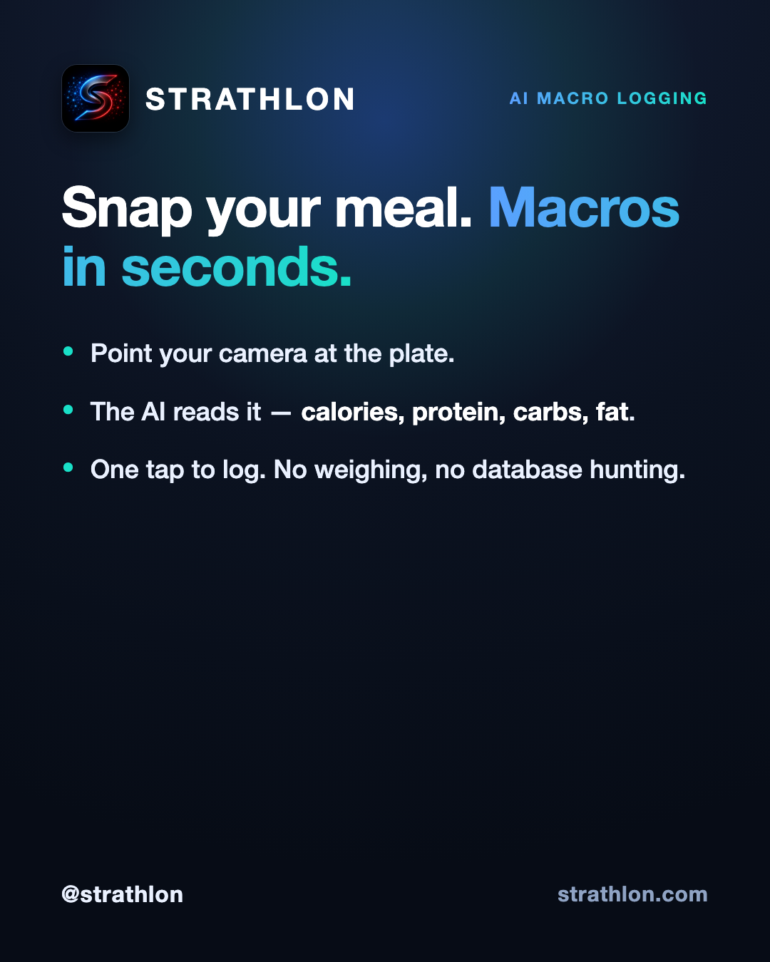 Strathlon feature card showing photo-based AI macro logging of a meal