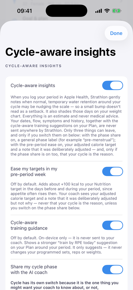 Strathlon cycle-aware insights settings with its four switches