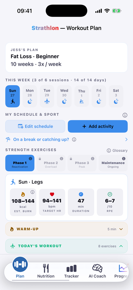 Strathlon Plan tab showing today's training