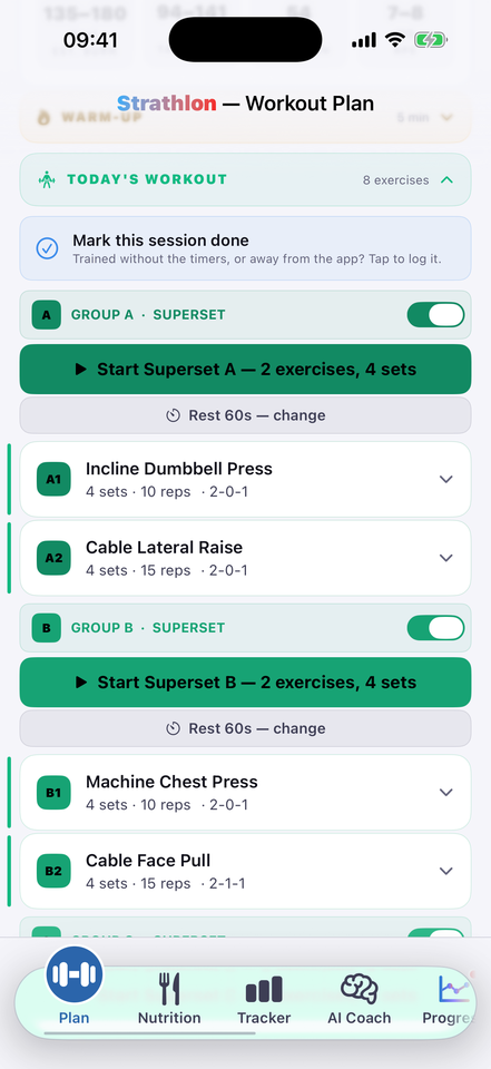Strathlon today's workout with exercises and rest timers
