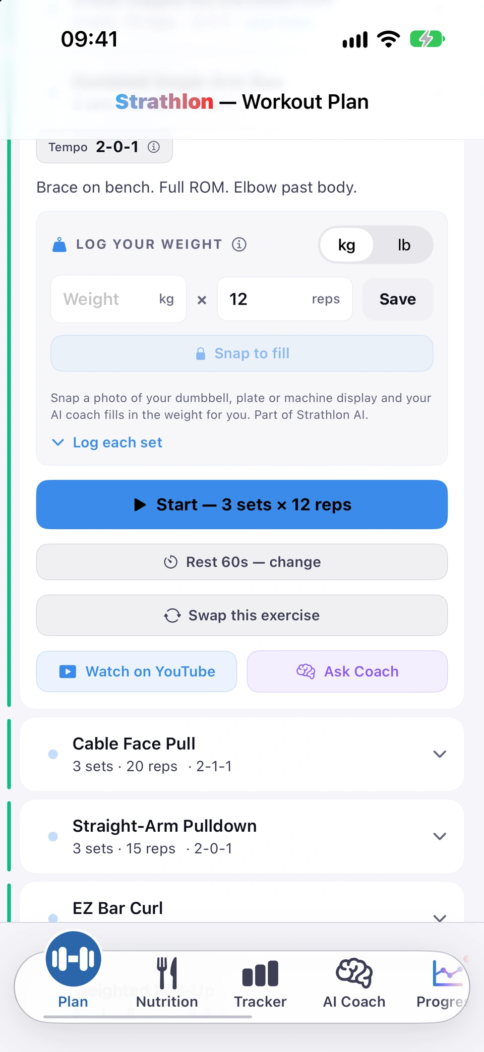 An expanded exercise card with Watch on YouTube and Ask Coach buttons side by side