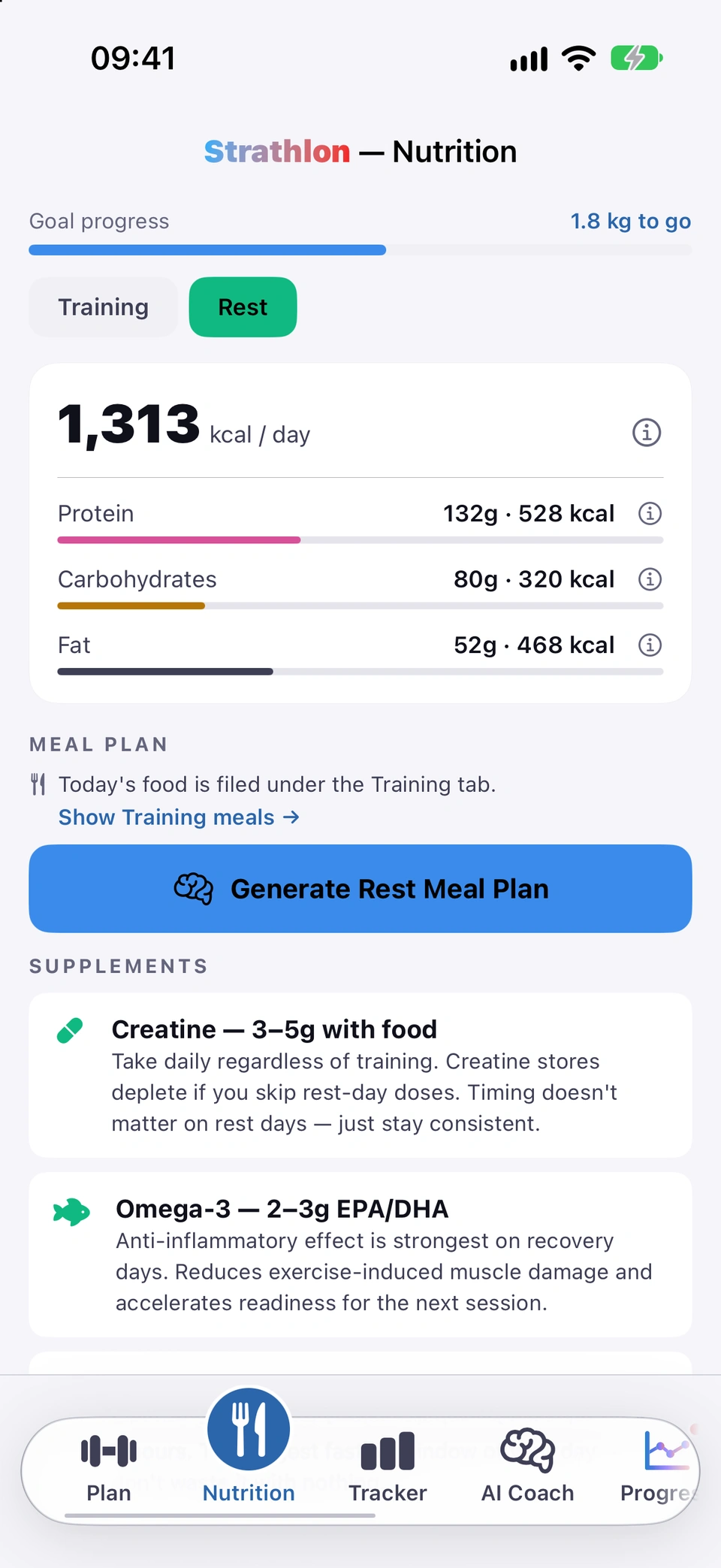 The Nutrition tab on Rest, with a line saying today's food is filed under the Training tab and a Show Training meals link.