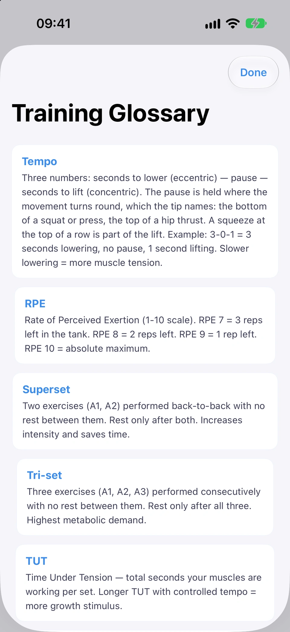 The Training Glossary with Tempo, RPE and Superset explained.
