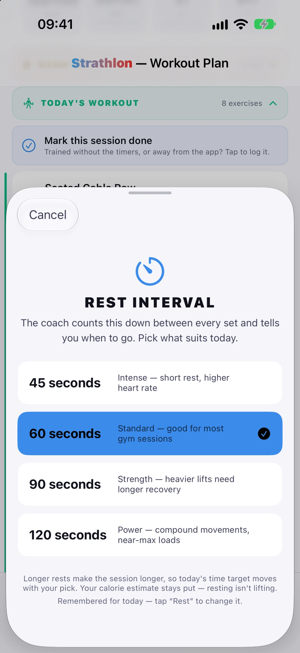 The Rest Interval sheet with four options, 45, 60, 90 and 120 seconds, each with a short description, and 60 seconds selected.