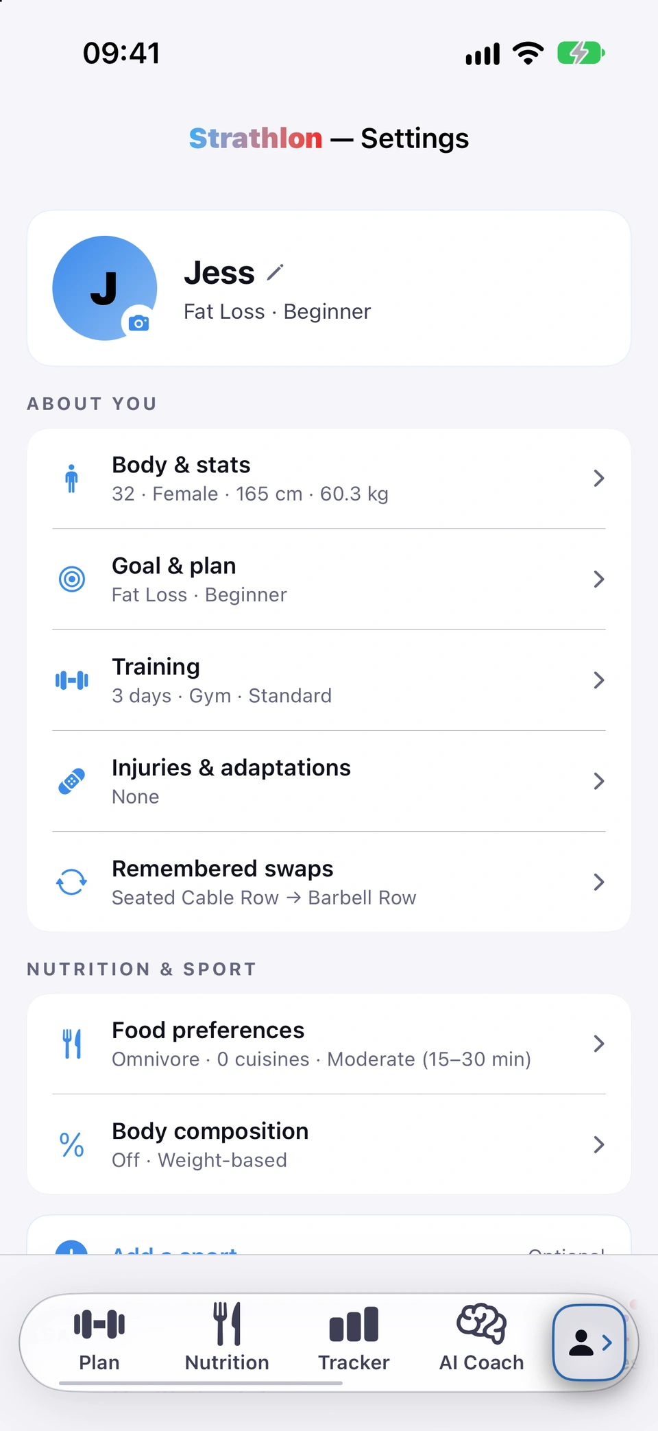 The top of the Settings tab: the profile card with the user's initial, her name with a pencil icon and “Fat Loss · Beginner”, then the ABOUT YOU rows.