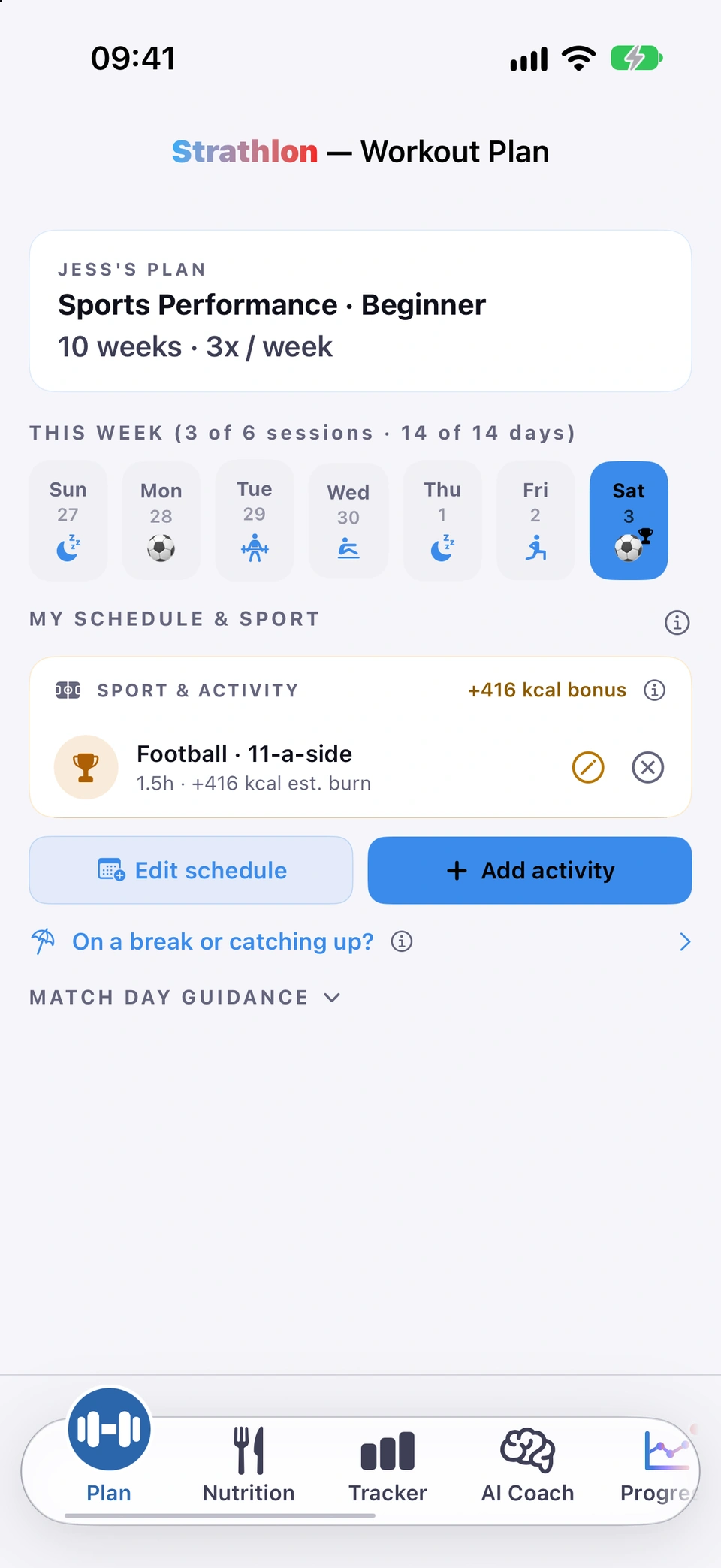 The SPORT & ACTIVITY panel on a match day: the session row, its calorie bonus badge, and cancel and edit controls.
