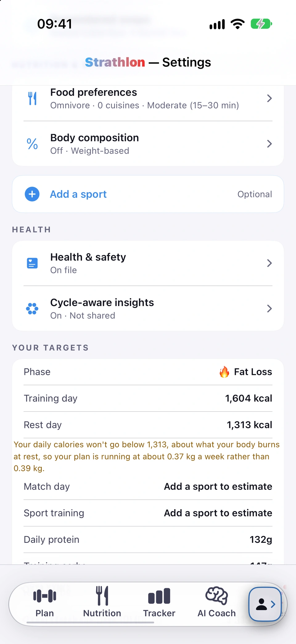 The YOUR TARGETS card on Settings: the phase, training-day and rest-day calories, a note on how the plan's pace is set, and daily protein.