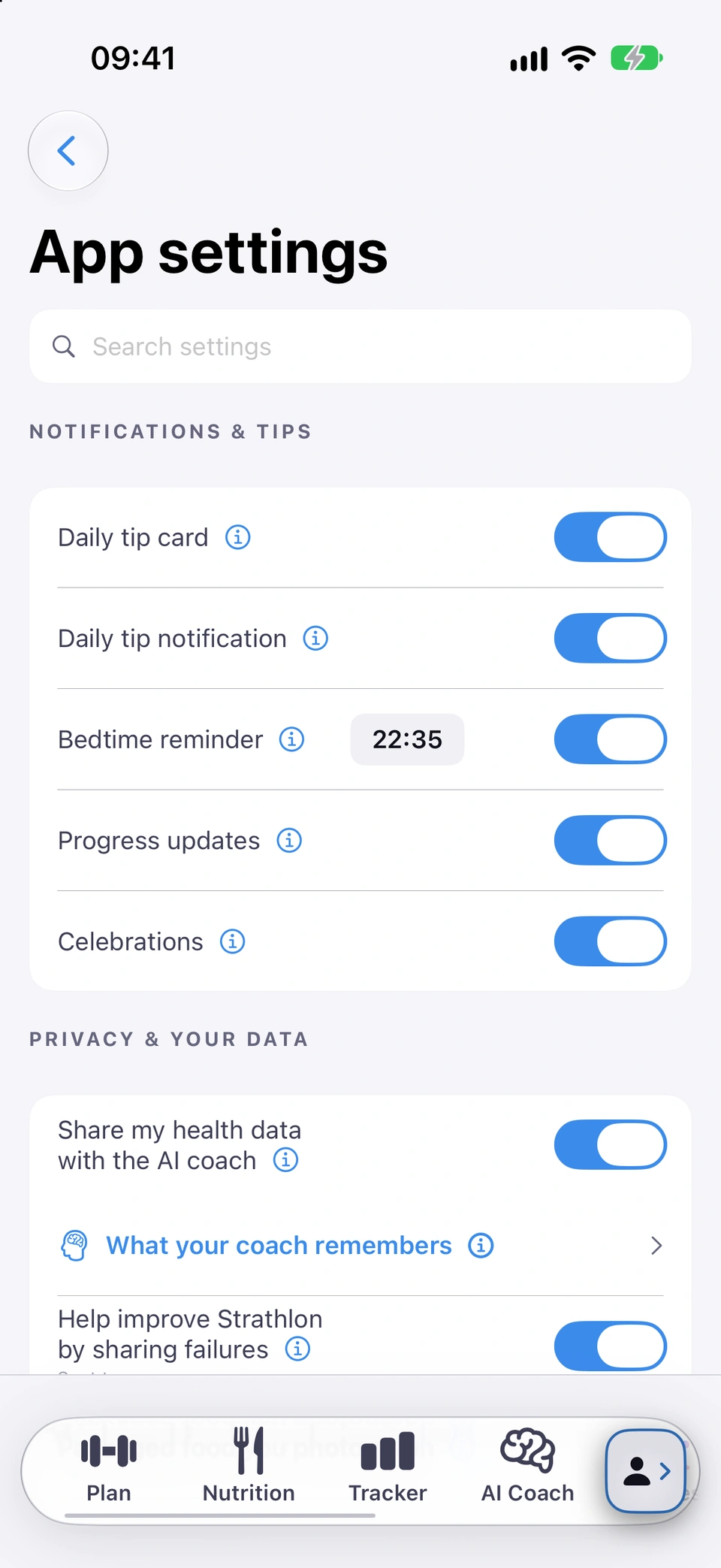 The Bedtime reminder row under NOTIFICATIONS & TIPS in App settings, with a toggle and a time next to it