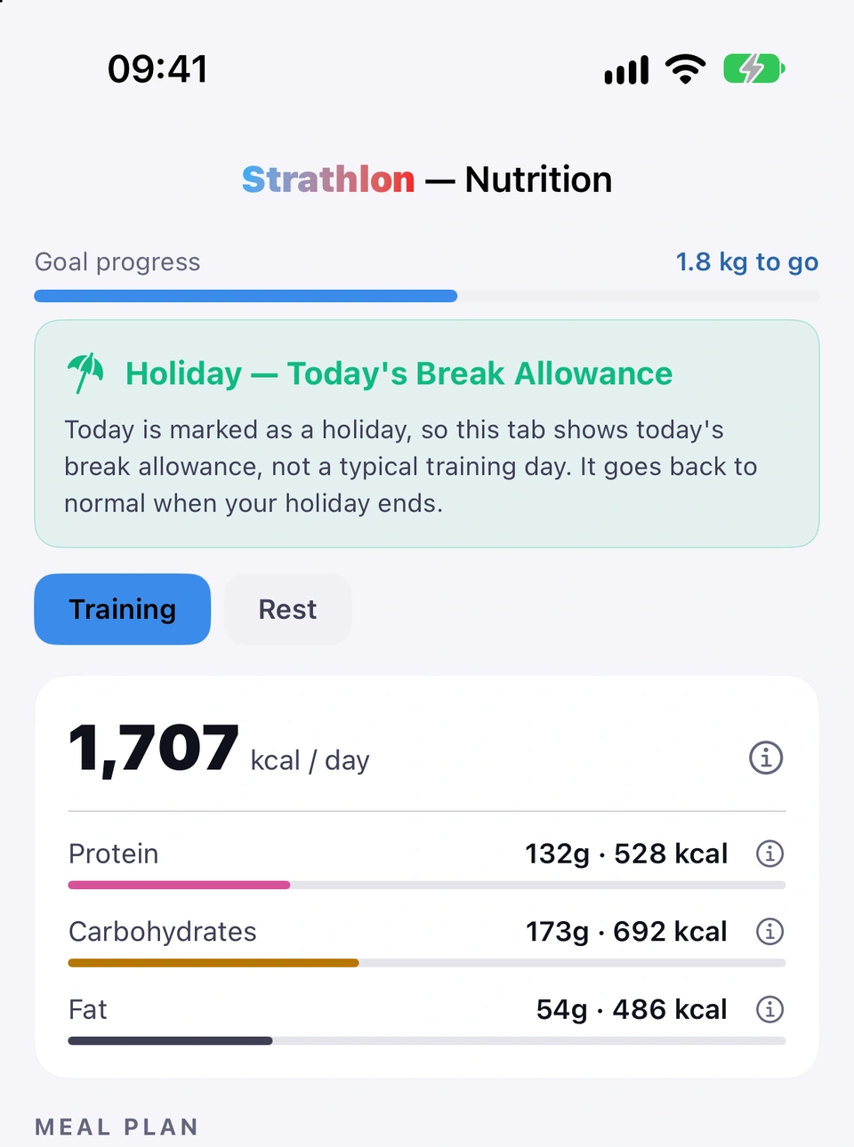 The Nutrition tab on a holiday: Holiday — Today's Break Allowance, explaining that today shows the break allowance rather than a typical training day until the holiday ends, then the day's calories with protein, carbohydrates and fat.