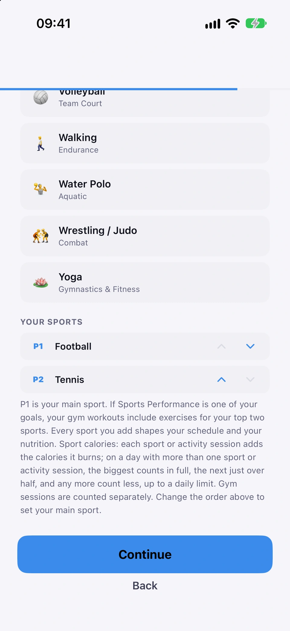The sports list during setup with YOUR SPORTS below it: Football as P1 and Tennis as P2, each with up and down arrows, and a note on what P1 means for your plan.