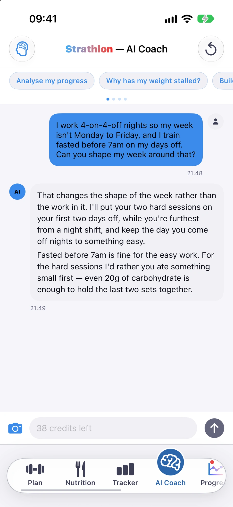 The AI Coach tab with a conversation about training around night shifts, and the message box reading 38 credits left.
