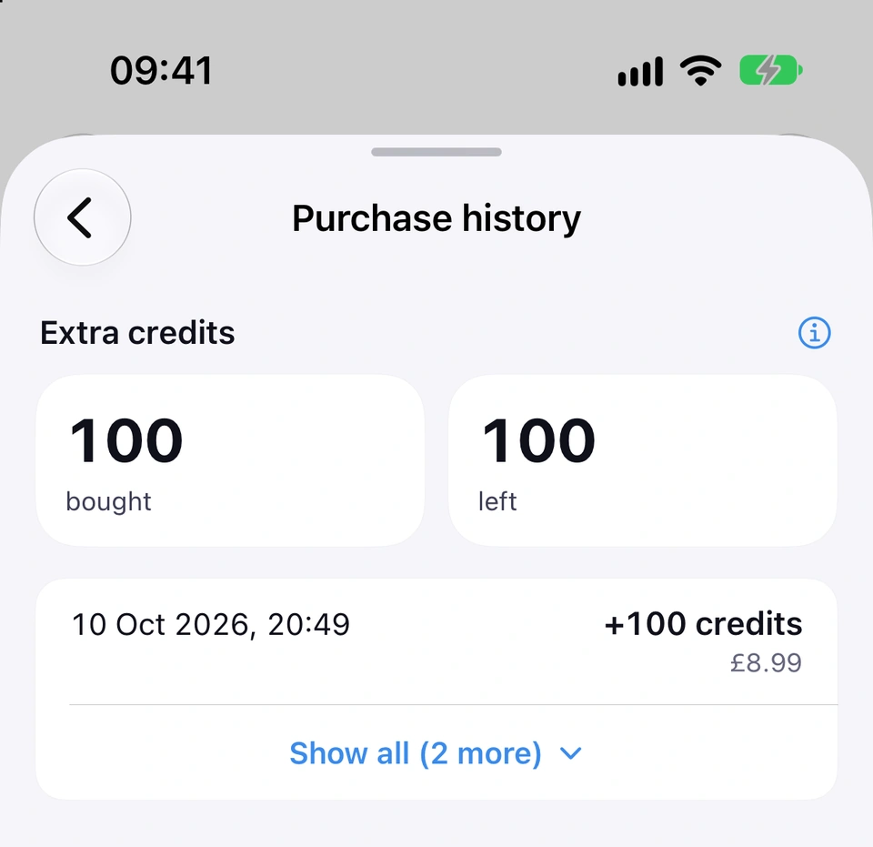 Purchase history: Extra credits, 100 bought and 100 left, then one pack, 10 Oct 2026, 20:49, plus 100 credits with the price paid, and a Show all (2 more) link.