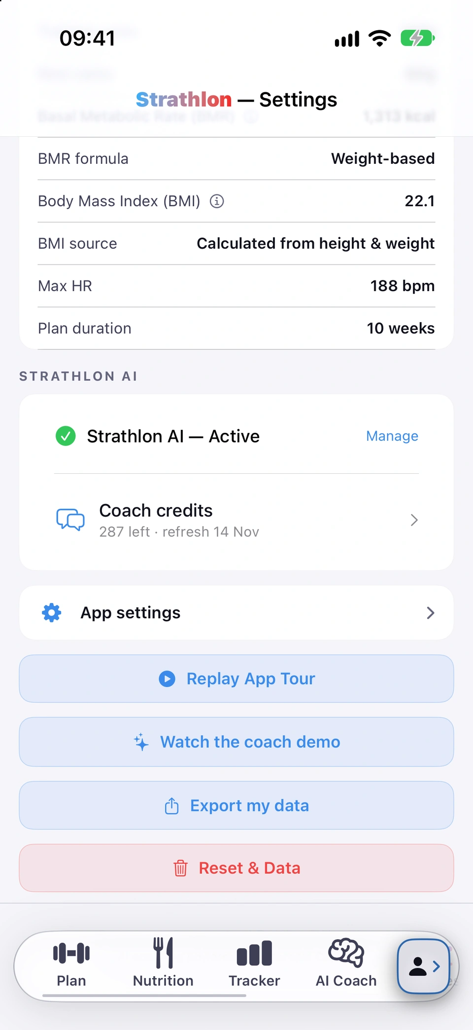 Settings, in the Strathlon AI section: Strathlon AI — Active with Manage, and the Coach credits row reading 287 left, refresh 14 Nov.
