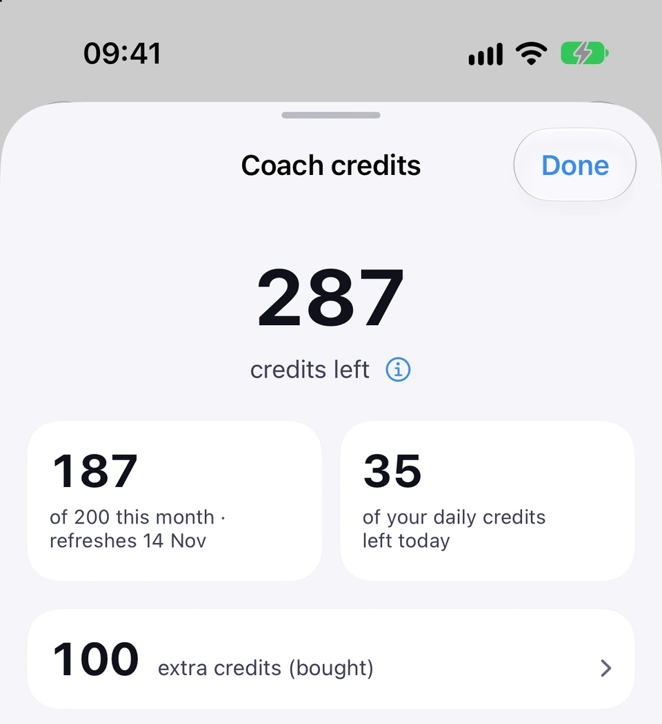 The Coach credits screen: 287 credits left in large type, then two tiles, 187 of 200 this month, refreshes 14 Nov, and 35 of your daily credits left today, and below them a row for 100 extra credits (bought).