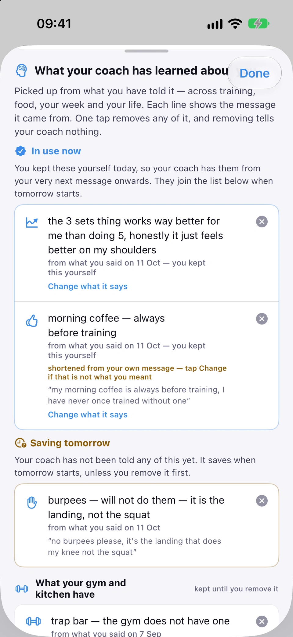What your coach has learned about you: In use now with notes kept today, each showing the message it came from and Change what it says, then Saving tomorrow with a note the coach has not been told yet, and What your gym and kitchen have.