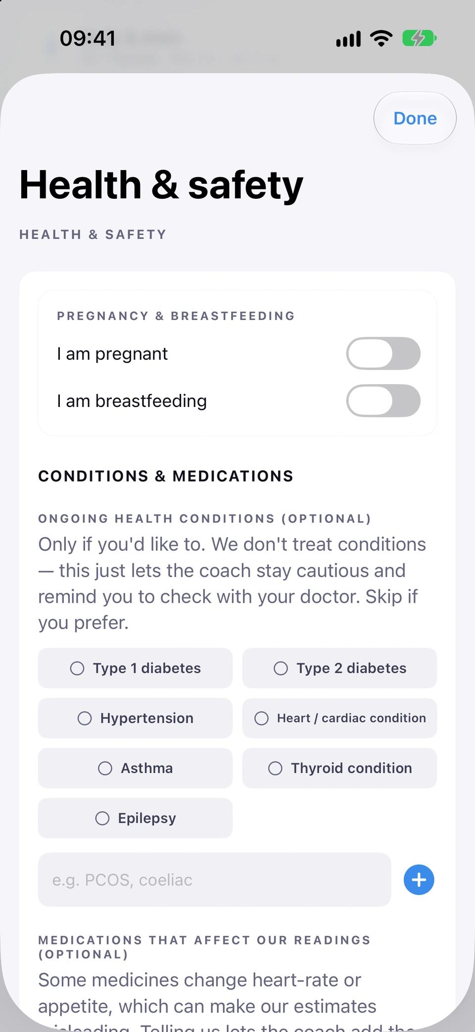 Health & safety in Settings: the pregnancy and breastfeeding switches, then CONDITIONS & MEDICATIONS with optional chips for Type 1 diabetes, Type 2 diabetes, Hypertension, Heart / cardiac condition, Asthma, Thyroid condition and Epilepsy, a box to add your own, and the start of the medications list.