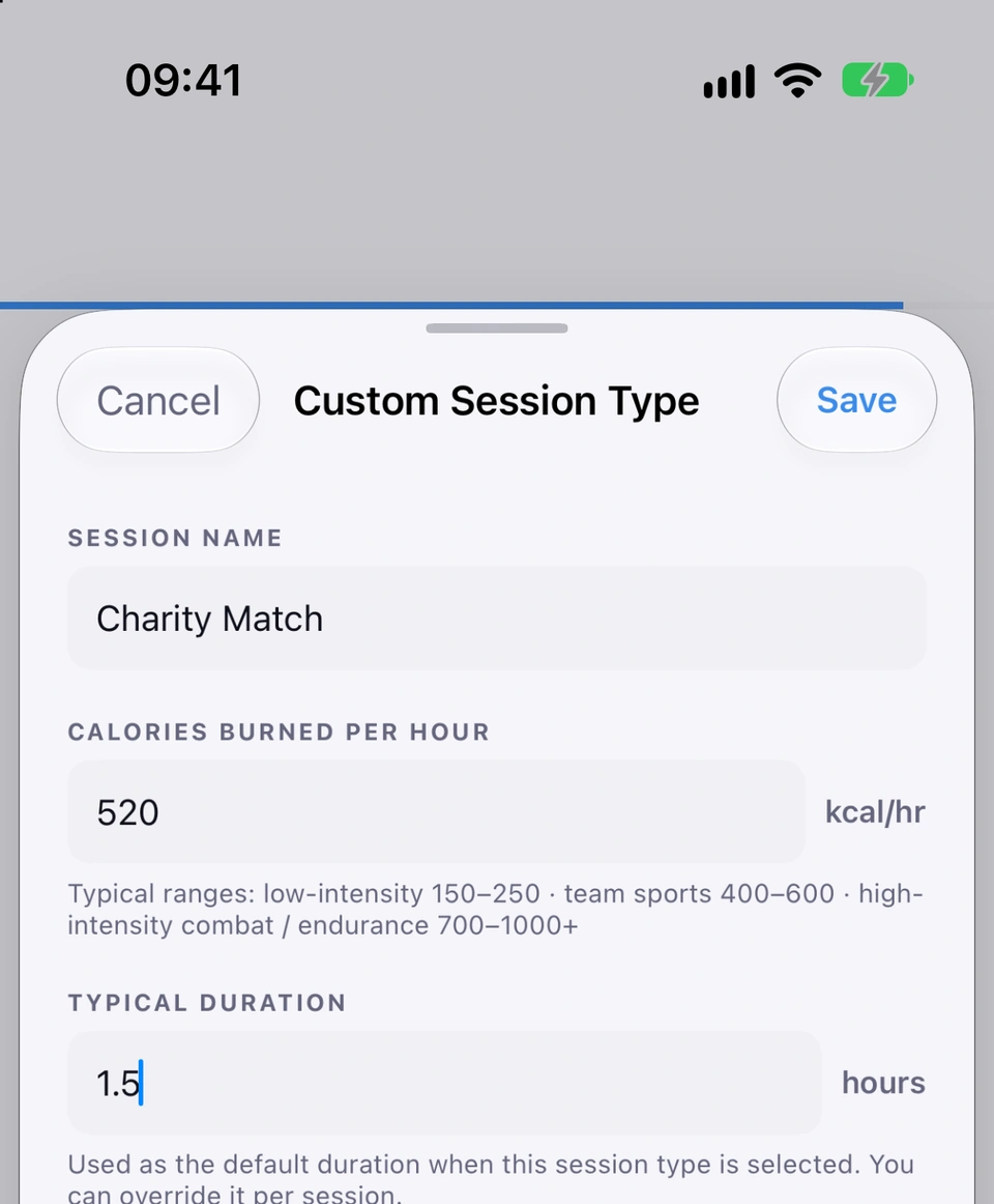 The Custom Session Type form filled in: session name Charity Match, calories burned per hour, a typical duration of 1.5 hours, and the estimated sport bonus for Charity Match.