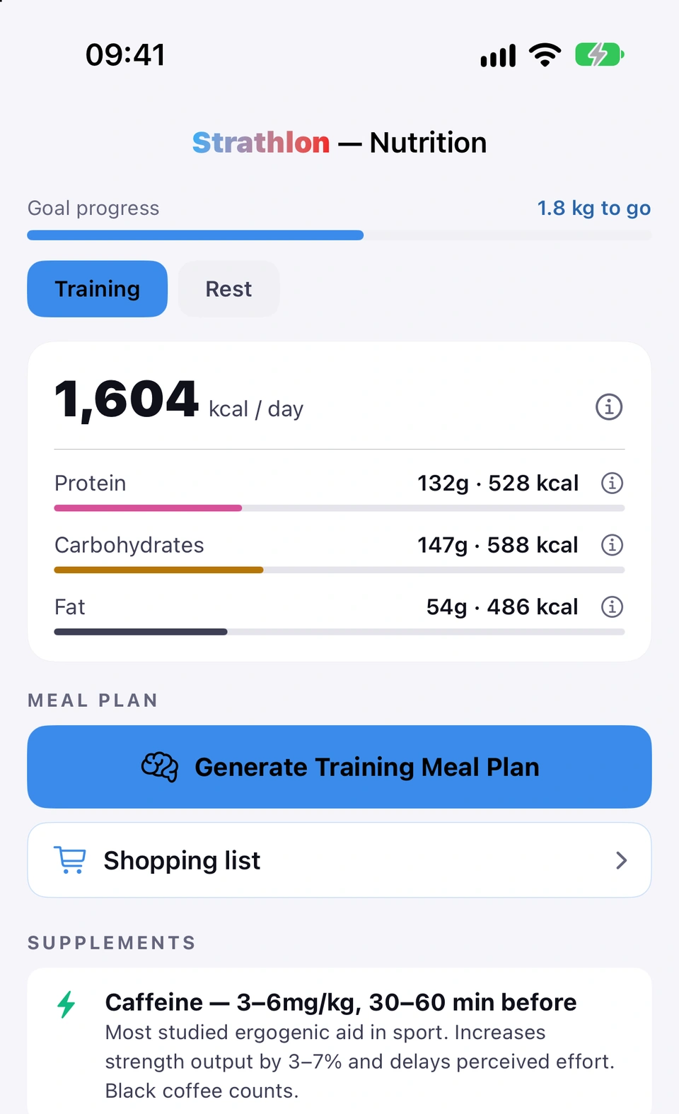 The Nutrition tab on Training: goal progress, the Training and Rest switch, the day's calories with protein, carbohydrates and fat, then MEAL PLAN with Generate Training Meal Plan and the Shopping list, and SUPPLEMENTS below.