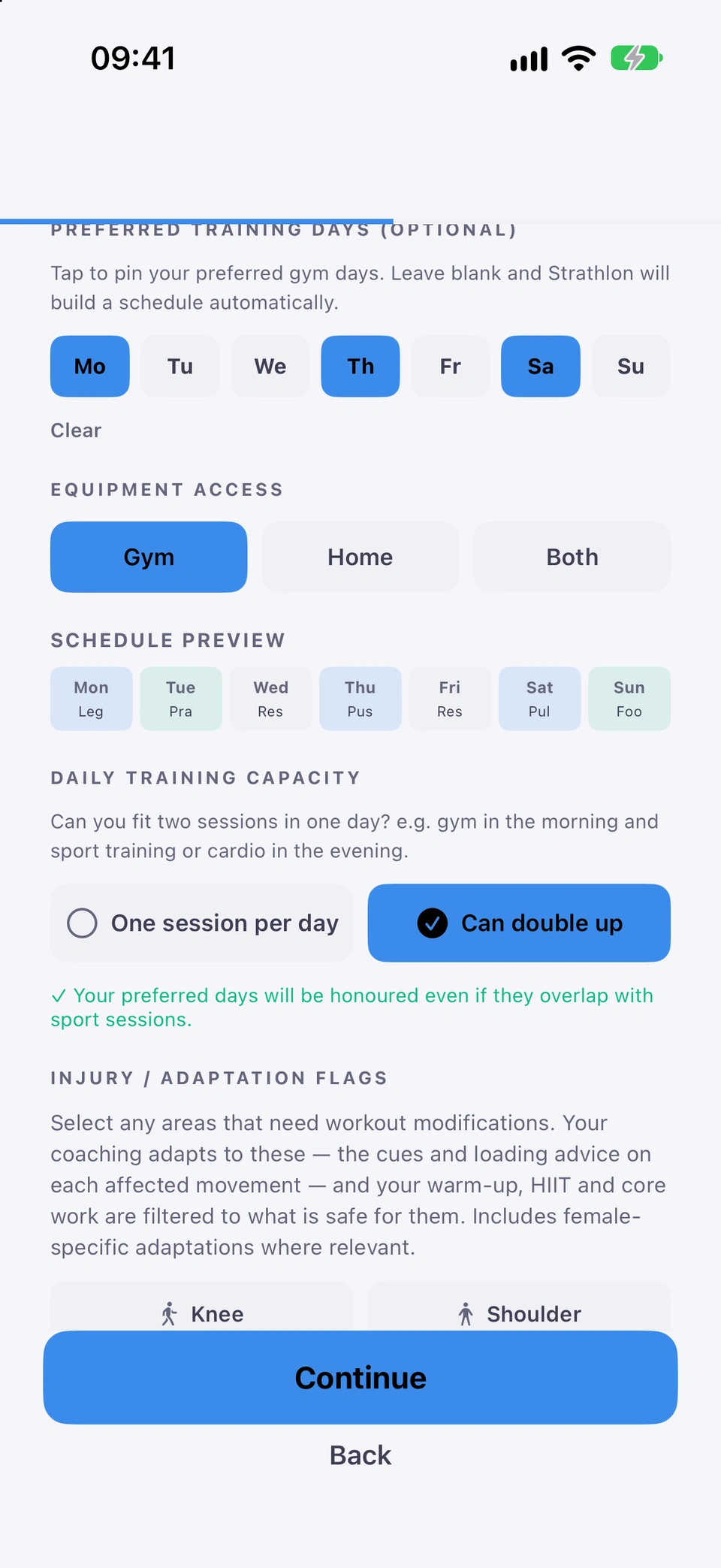 Training setup with preferred days Monday, Thursday and Saturday, Gym equipment, the SCHEDULE PREVIEW of the week, and DAILY TRAINING CAPACITY set to Can double up, with the note that your preferred days will be honoured even if they overlap with sport sessions.