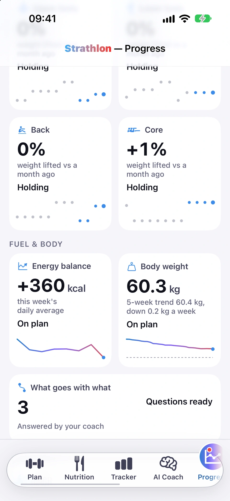 The Energy balance tile showing a signed figure with kcal beside it, this week's daily average beneath it and a short trend line, next to the Body weight tile.