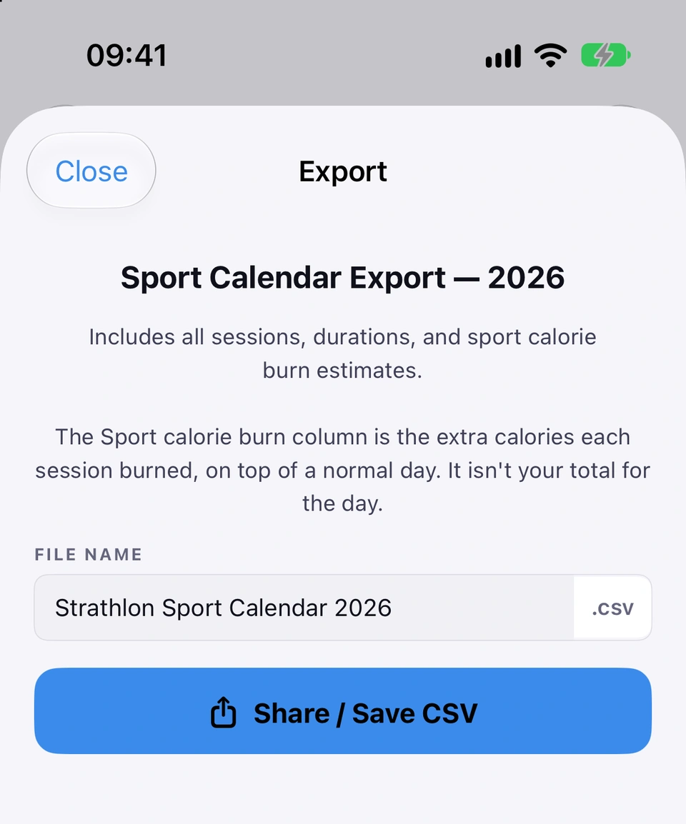 The Export sheet: Sport Calendar Export — 2026, a note on what the file includes and what the Sport calorie burn column means, the file name Strathlon Sport Calendar 2026 with .csv, and a Share / Save CSV button.