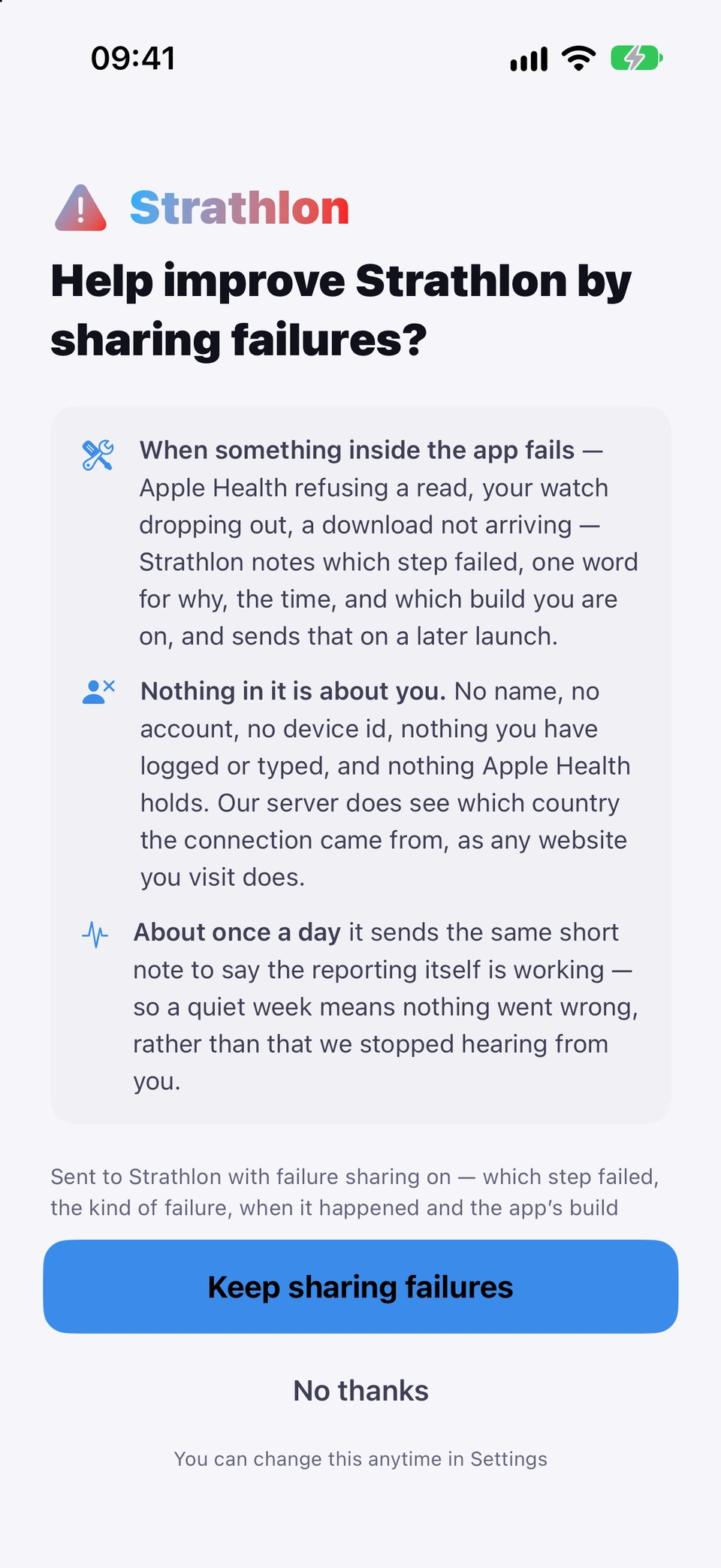 Help improve Strathlon by sharing failures?: what a failure report contains, that nothing in it is about you, and the daily check-in, with Keep sharing failures and No thanks.
