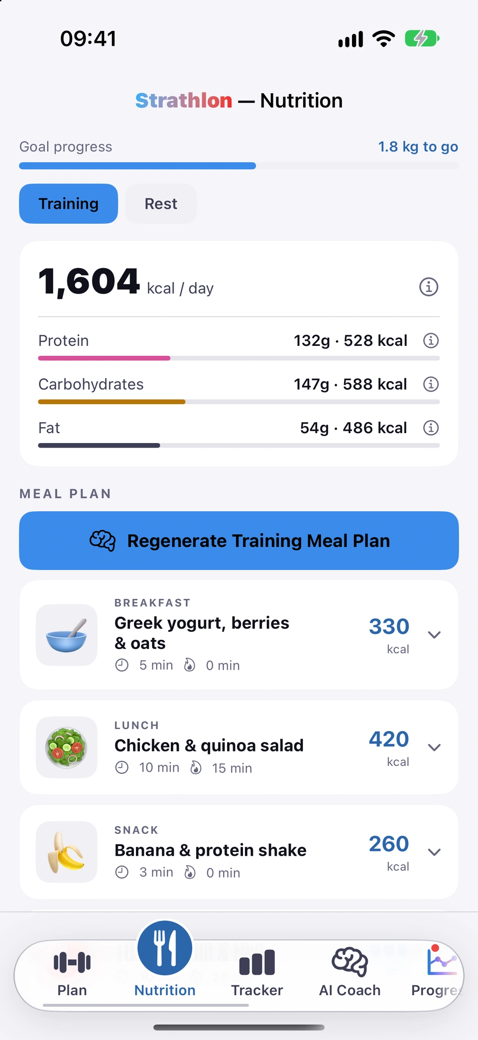 The Nutrition tab on Training: the day's targets, then the MEAL PLAN section with a Regenerate Training Meal Plan button above the generated meal cards for breakfast, lunch and snack, each showing its prep and cook time and its calories.