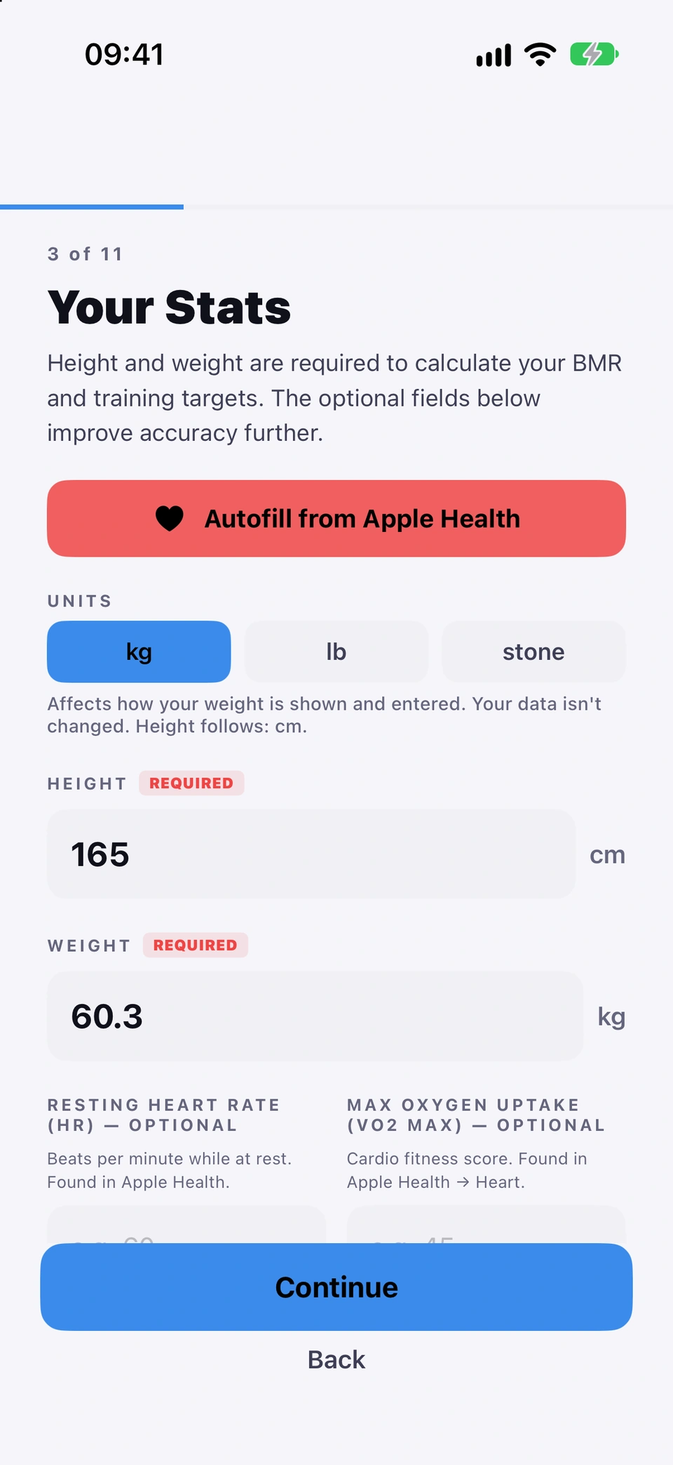 Setup step 3 of 11, Your Stats: the Autofill from Apple Health button, units, height 165 cm and weight 60.3 kg, and the optional resting heart rate and VO2 max fields.