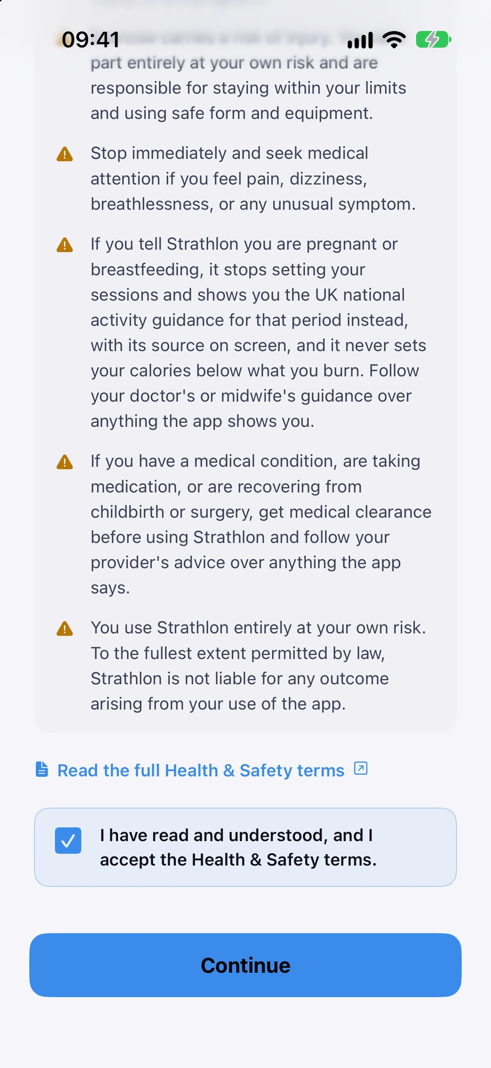 The health & safety notice scrolled to its end: the last disclaimer points, the Read the full Health & Safety terms link, the ticked I have read and understood, and I accept the Health & Safety terms box, and the Continue button.