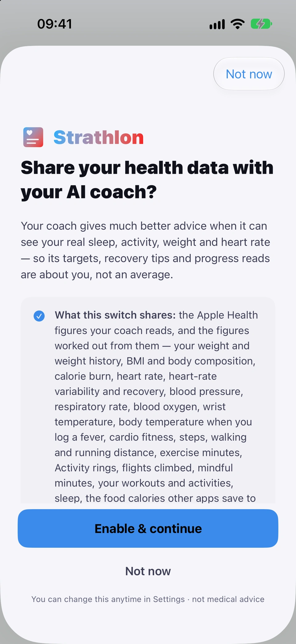 The Share your health data with your AI coach? sheet, opened from a Progress tile with sharing off: what the switch shares, an Enable & continue button and Not now.
