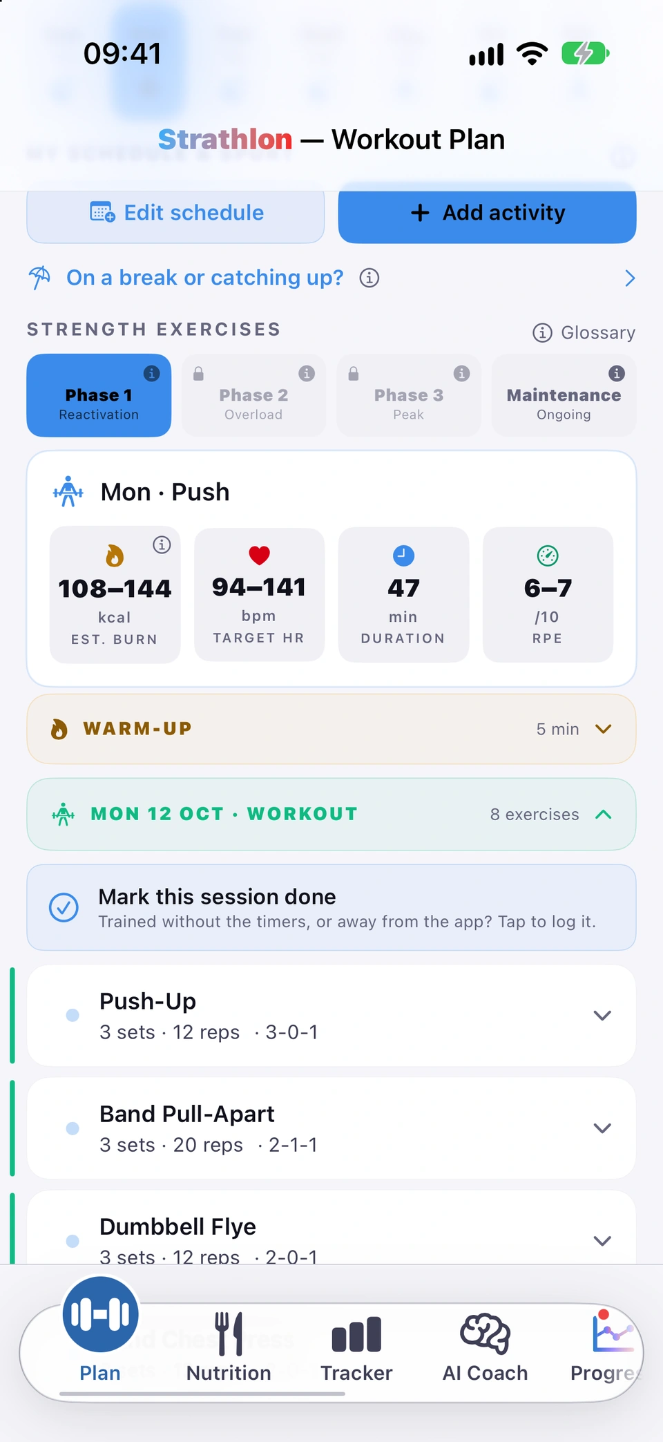 A home training day on the Plan tab, Mon · Push: the session tiles, the warm-up, and the workout list starting with Push-Up, Band Pull-Apart and Dumbbell Flye, built from dumbbells and resistance bands.