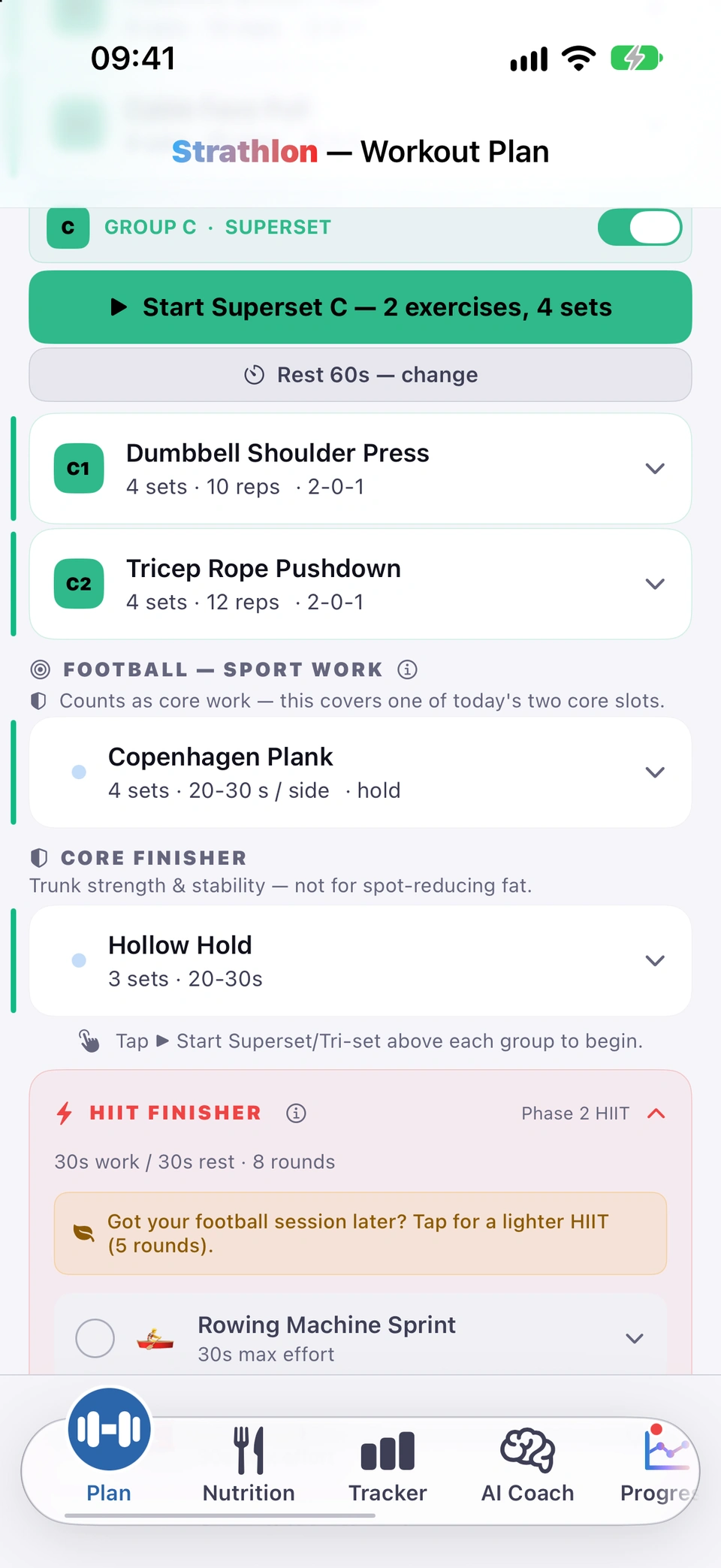 The HIIT FINISHER card on a day with a football session too: 30s work, 30s rest, 8 rounds, and the line Got your football session later? Tap for a lighter HIIT (5 rounds), above the first HIIT move.