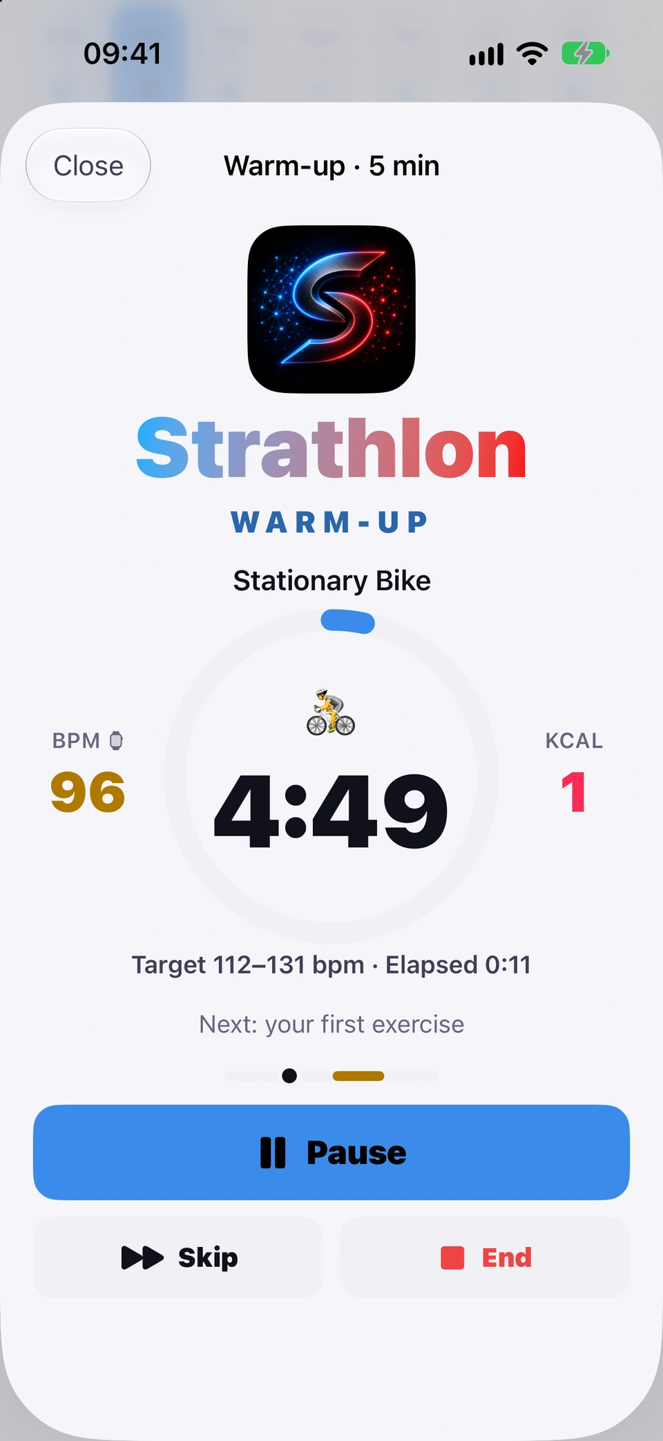 The warm-up running on a stationary bike: the countdown ring at 4:49, heart rate 96 bpm from the watch and calories so far, the target 112–131 bpm with the time elapsed, Next: your first exercise, and the Pause, Skip and End buttons.