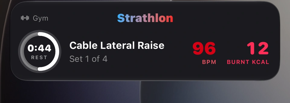 The rest countdown on the iPhone Lock Screen: a Strathlon gym activity showing 0:44 of rest, the next exercise Cable Lateral Raise, set 1 of 4, heart rate 96 bpm and 12 kcal burnt.