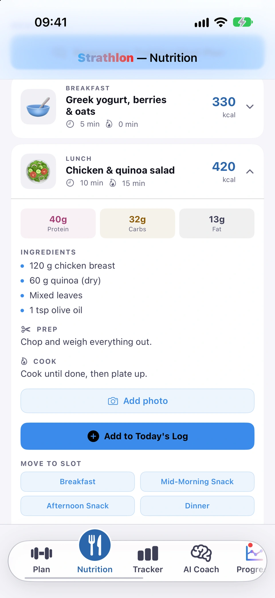 A meal card expanded on the Nutrition tab: the lunch's protein, carbs and fat, its ingredients, the prep and cook steps, an Add photo button, an Add to Today's Log button and the MOVE TO SLOT choices.