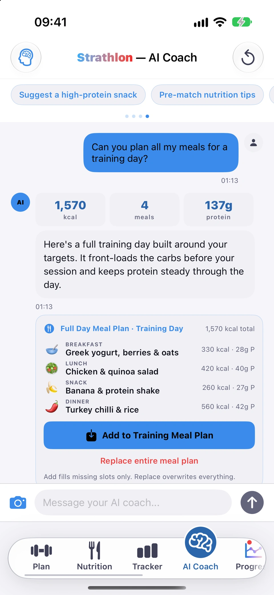 A Full Day Meal Plan card in the AI Coach chat after asking for a training day's meals: totals above it, four meals each with its calories and protein, an Add to Training Meal Plan button and a Replace entire meal plan link, and the line Add fills missing slots only. Replace overwrites everything.