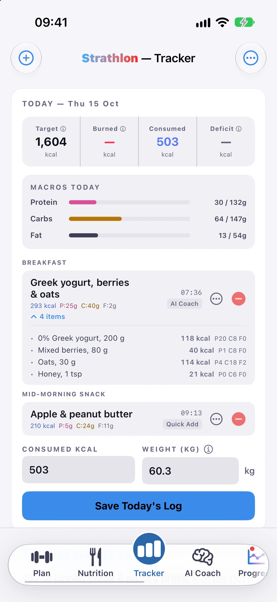 The Tracker for today with the breakfast Greek yogurt, berries & oats, logged by the AI Coach, and its 4 items line opened: the Greek yogurt, mixed berries, oats and honey, each with its own calories, protein, carbs and fat under the meal's total.