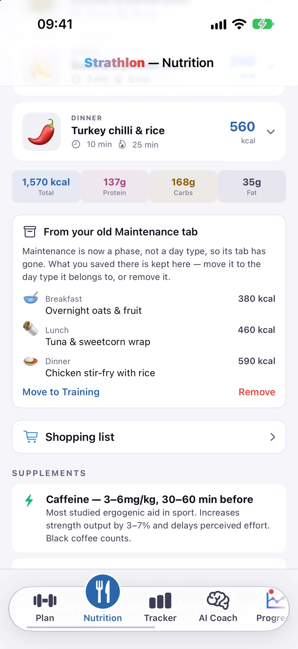 The 'From your old Maintenance tab' card on the Nutrition tab: a note that Maintenance is now a phase, the saved meals listed with their calories, and Move to Training and Remove buttons.