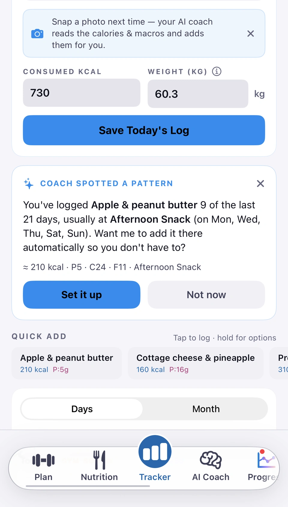 The Tracker after logging a snack without the subscription: the tip Snap a photo next time — your AI coach reads the calories & macros and adds them for you, with its close button, above the consumed calories and weight boxes and Save Today's Log.