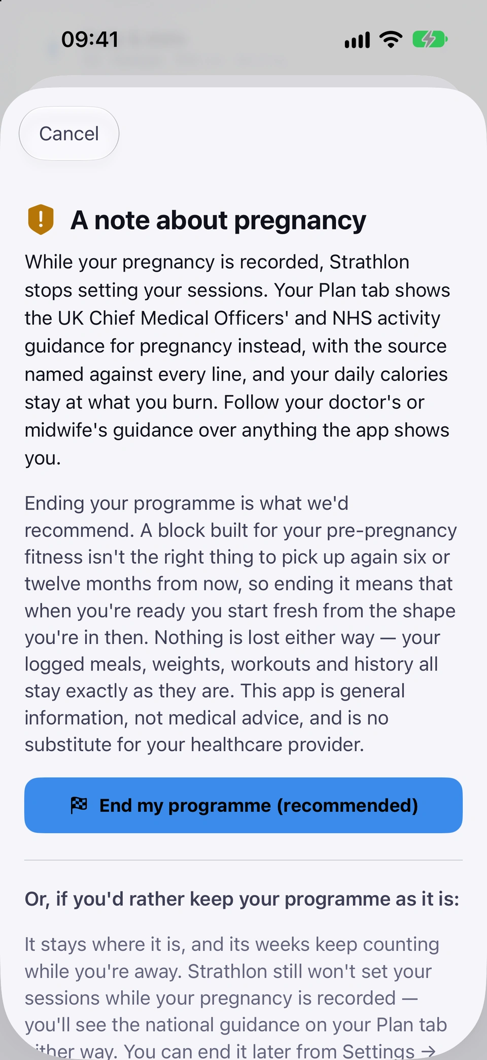 A note about pregnancy, shown after switching I am pregnant on: while your pregnancy is recorded Strathlon stops setting sessions and shows the UK national guidance instead, ending your programme is recommended, and the End my programme (recommended) button.