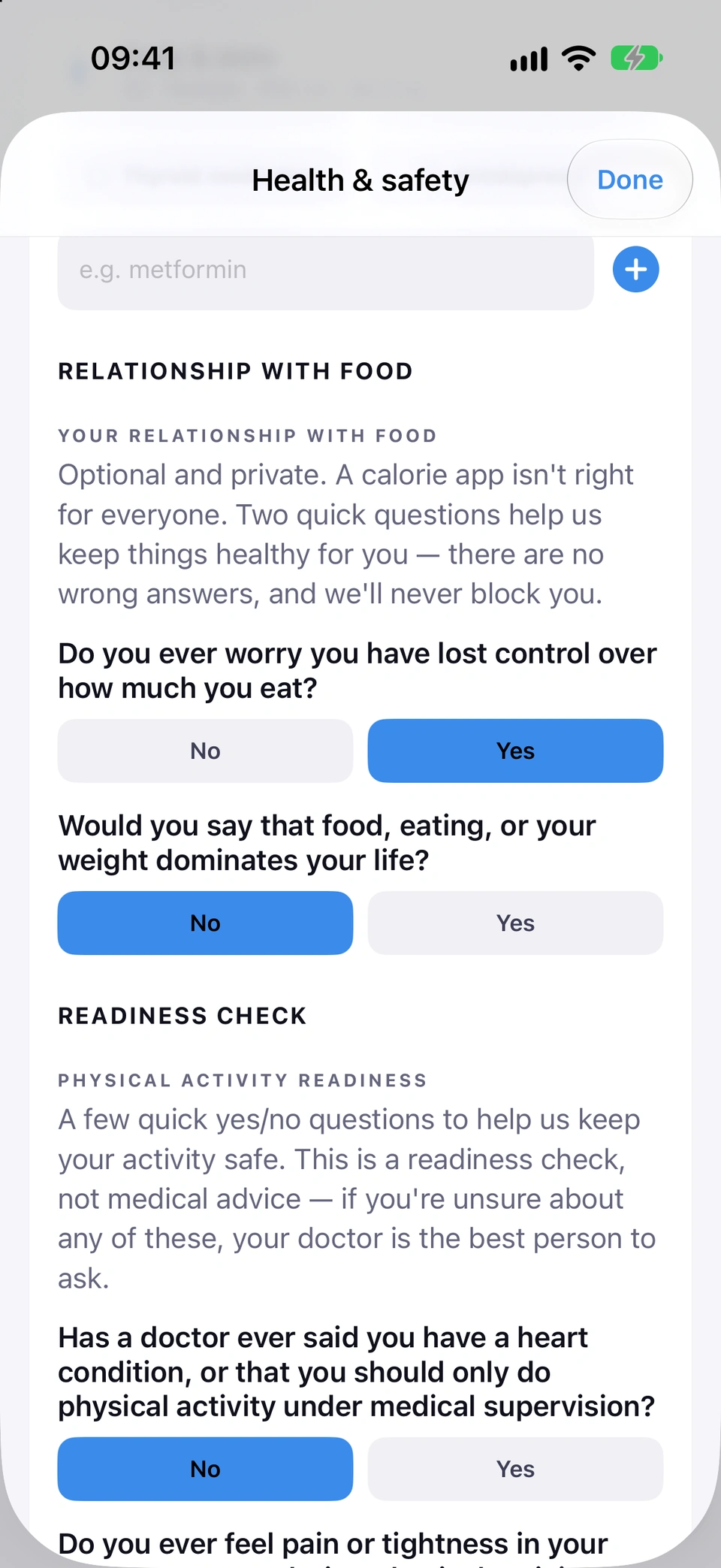 The PHYSICAL ACTIVITY READINESS questions reopened from Settings: a short explanation, then yes/no questions such as whether a doctor has ever said you have a heart condition.
