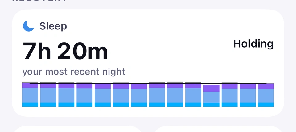 The Sleep tile in RECOVERY: 7h 20m your most recent night, Holding, with each recent night drawn as a stacked bar of its sleep stages.