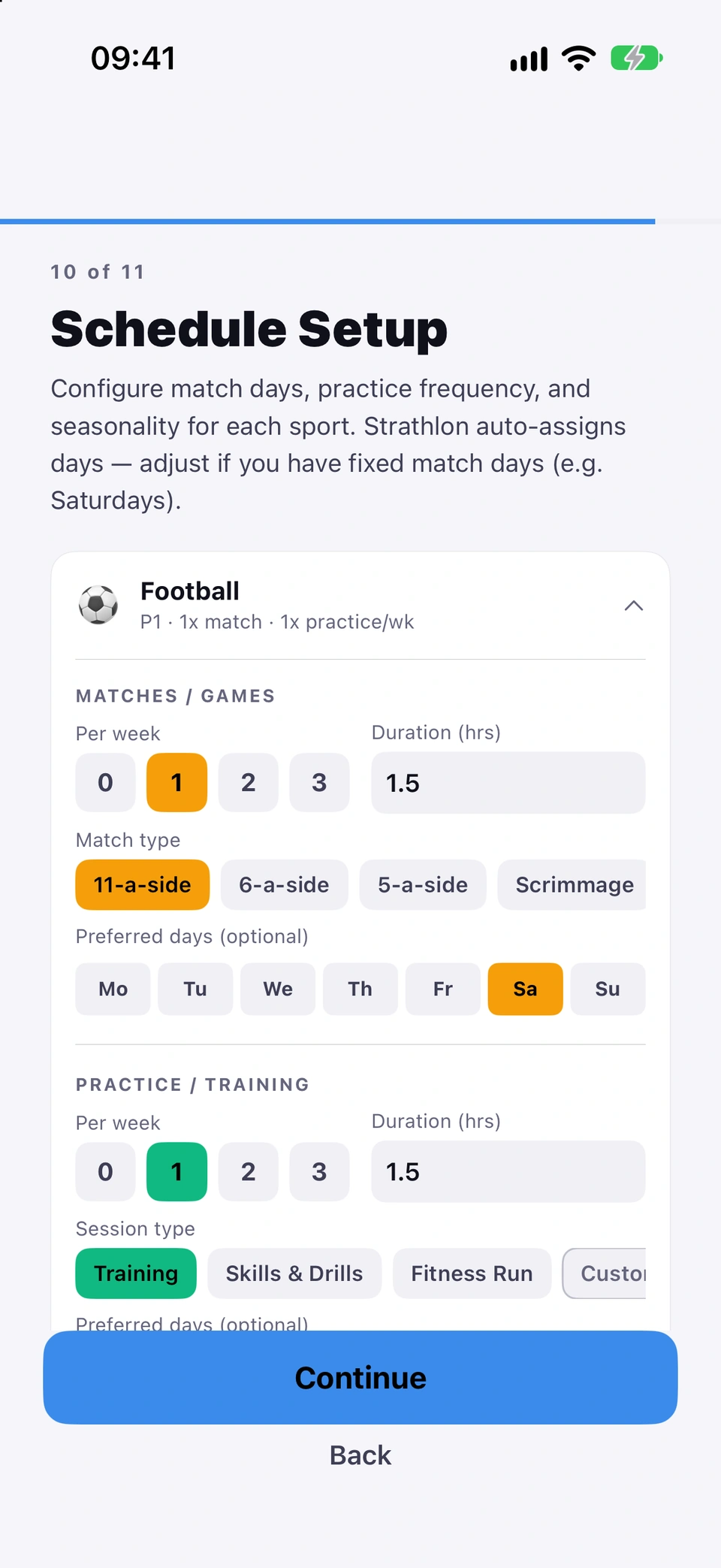 Schedule Setup with the Football card open: MATCHES / GAMES, 1 a week of 1.5 hours, 11-a-side, on Saturday, then PRACTICE / TRAINING, 1 a week of 1.5 hours, Training.
