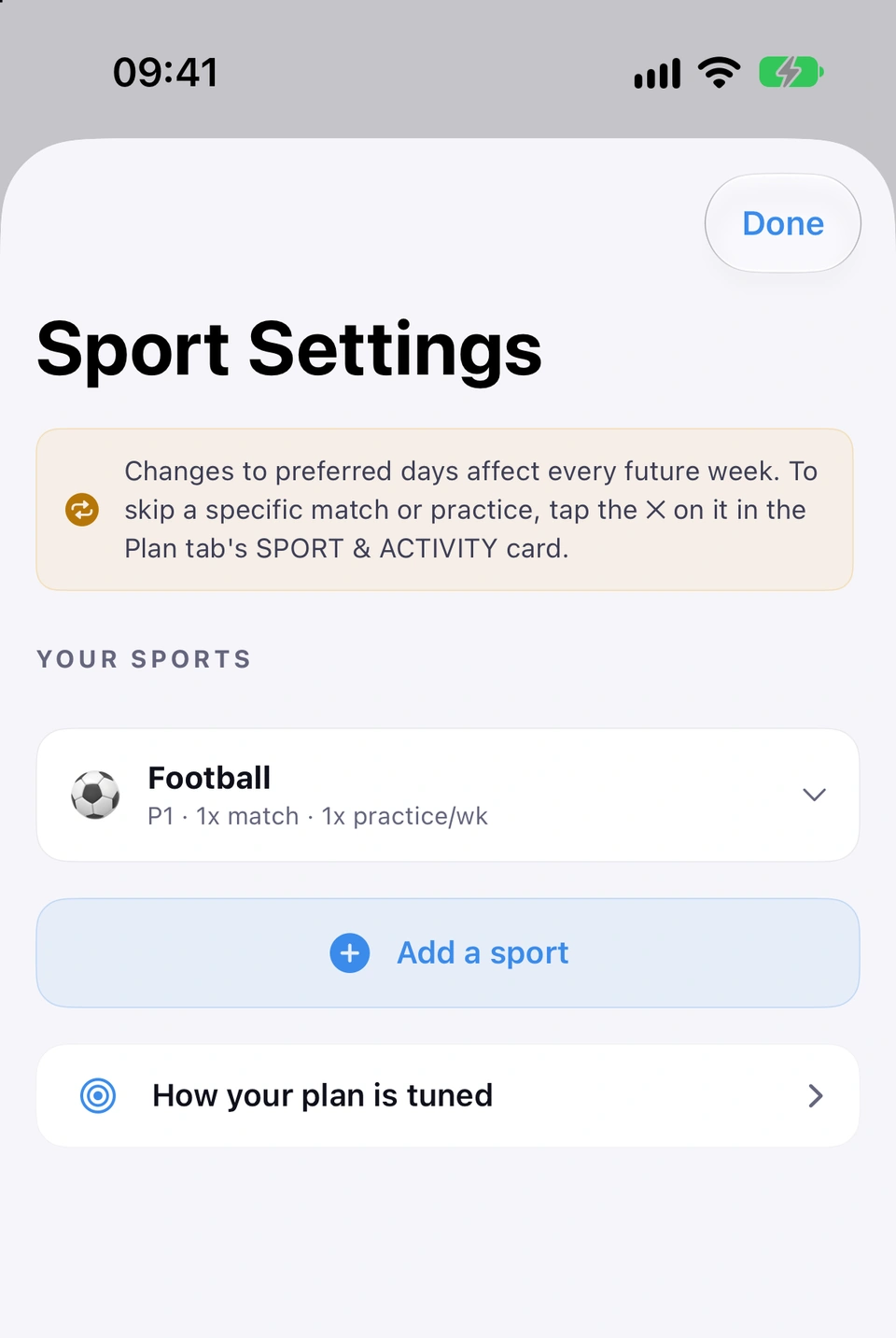 Sport Settings with the Football card collapsed, an Add a sport button, and below it the How your plan is tuned row with a chevron.