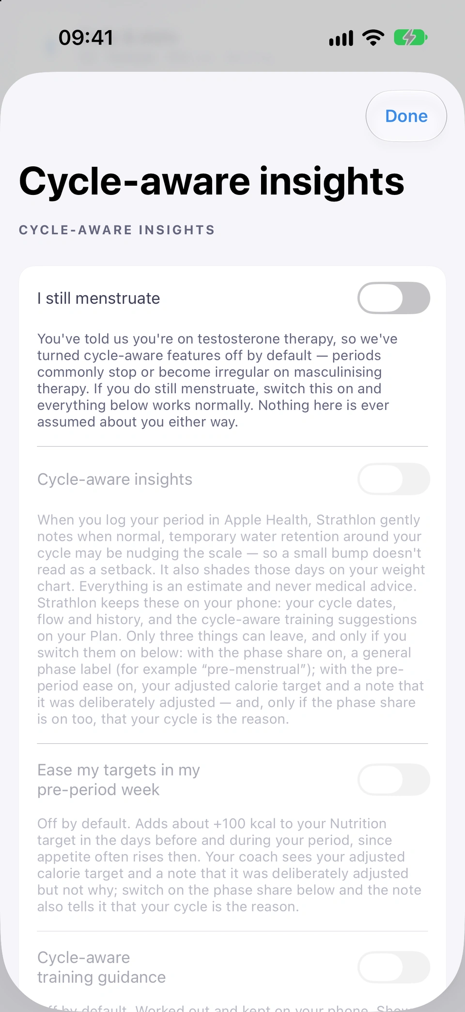 Cycle-aware insights on a testosterone-therapy profile: the I still menstruate switch, off, with its explanation, and the cycle-aware switches below it greyed out.