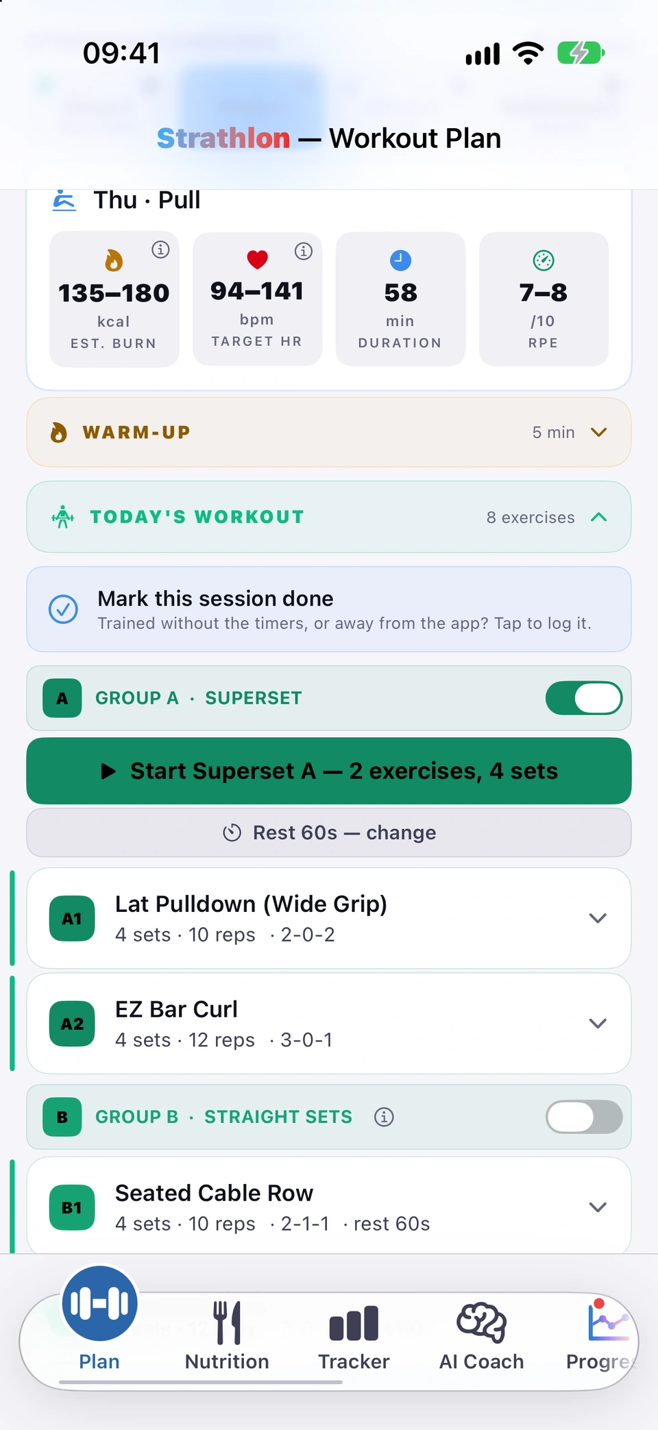 The Plan tab on a Pull day: Group A is still a superset with its switch on, and below it Group B's header reads GROUP B · STRAIGHT SETS with the ⓘ beside it and its switch off, above B1 Seated Cable Row, 4 sets · 10 reps · 2-1-1 · rest 60s.