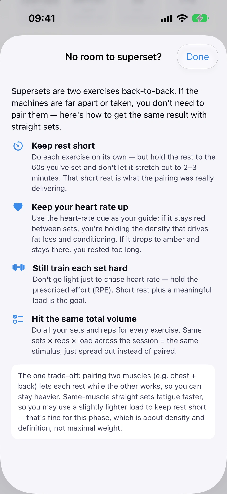 The No room to superset? sheet from a group's info button: keep rest short, keep your heart rate up, still train each set hard, hit the same total volume, and the one trade-off of straight sets.