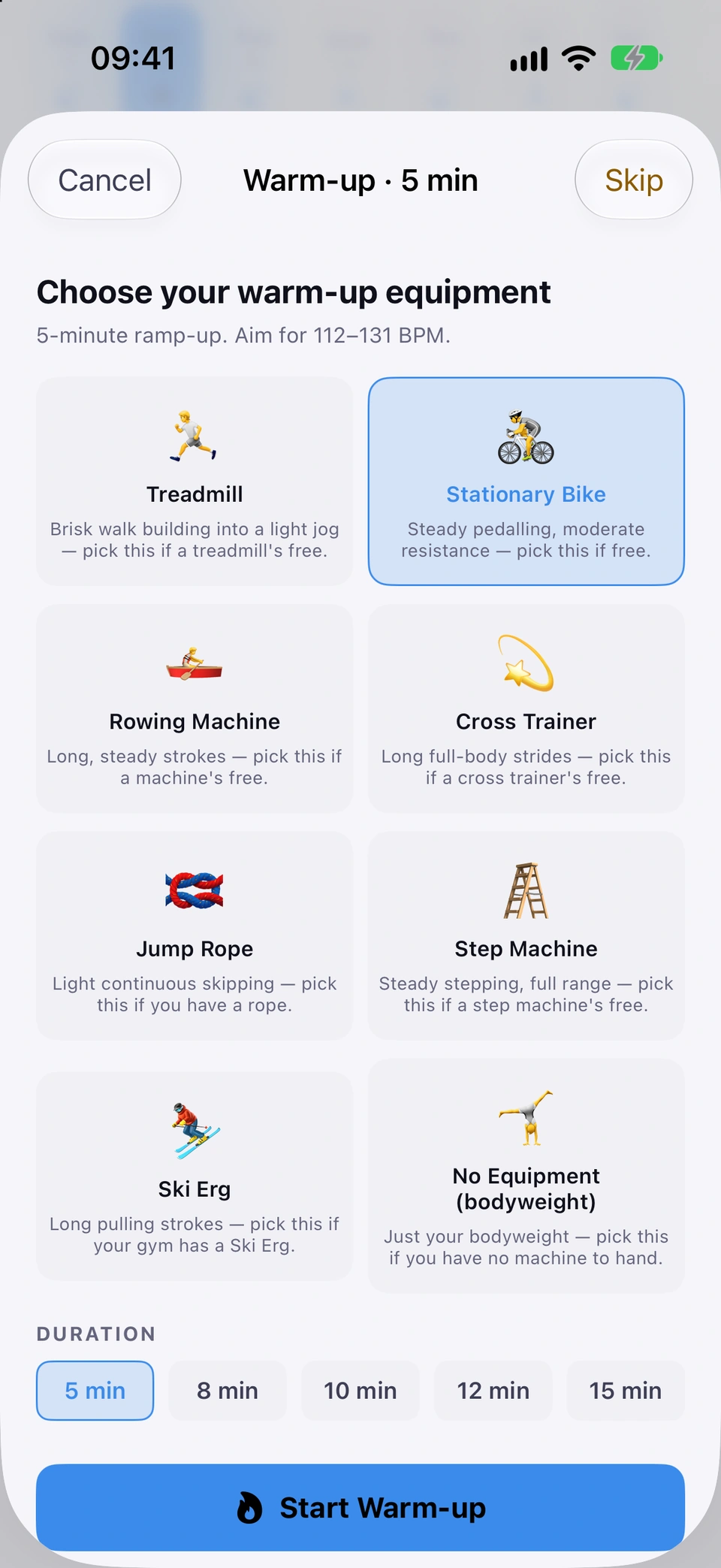 The Warm-up · 5 min sheet: Choose your warm-up equipment, with Stationary Bike selected among treadmill, rowing machine, cross trainer, jump rope, step machine, ski erg and no equipment, the target heart-rate range, DURATION from 5 to 15 minutes, and Start Warm-up.