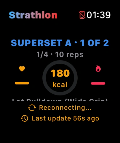The watch mid-session, Superset A, 1 of 2, with 'Reconnecting...' and an amber icon beneath the ring and 'Last update' showing how long ago it last heard from the phone. Once fully out of touch it reads 'Phone unavailable — still recording'.