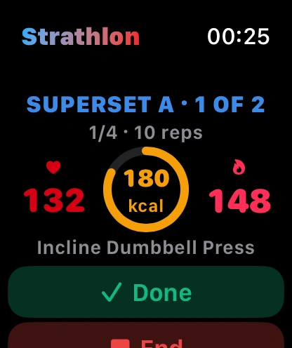 The watch during a superset: Superset A, 1 of 2, set 1 of 4, 10 reps of Incline Dumbbell Press, heart rate 132 in red, calories burnt, the ring towards the session's calorie target, and a Done button.